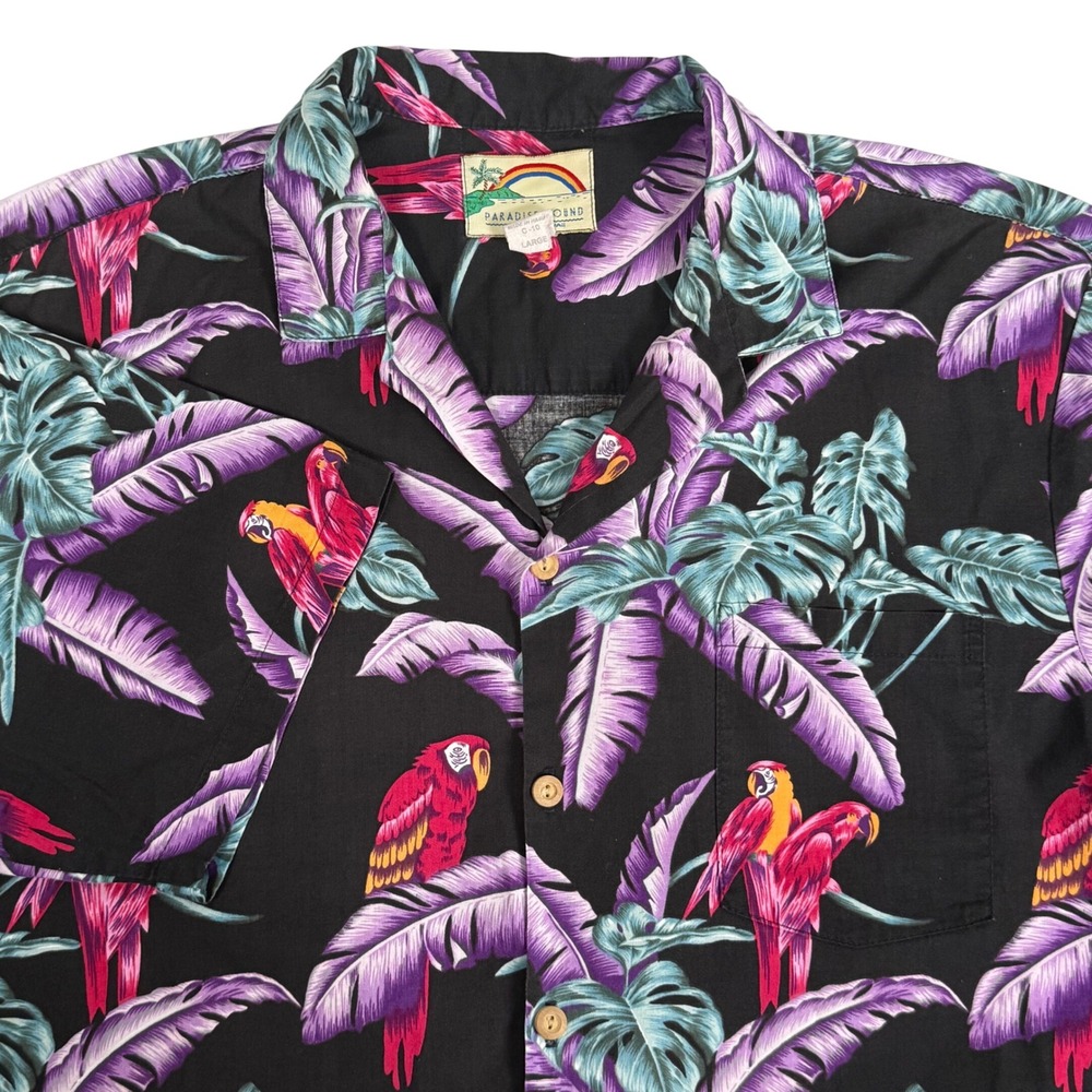 Vintage Paradise Found Jungle Bird Hawaiian Shirt Black Parrot Magnum PI Mens L